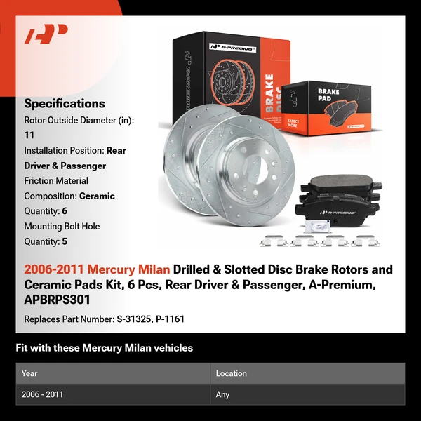 2006-2011 Mercury Milan Drilled & Slotted Disc Brake Rotors and Ceramic Pads Kit, 6 Pcs, Rear Driver & Passenger, A-Premium, APBRPS301