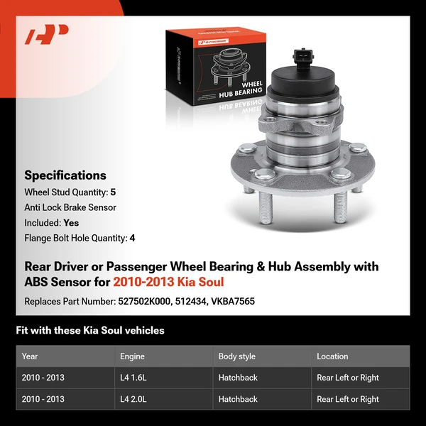 Rear Driver or Passenger Wheel Bearing & Hub Assembly with ABS Sensor for 2010-2013 Kia Soul