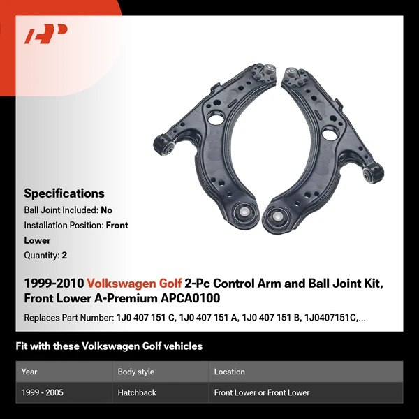 1999-2010 Volkswagen Golf 2-Pc Control Arm and Ball Joint Kit, Front Lower A-Premium APCA0100