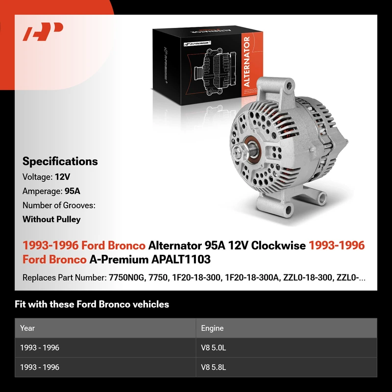 1993-1996 Ford Bronco Alternator 95A 12V Clockwise 1993-1996 Ford Bronco A-Premium APALT1103