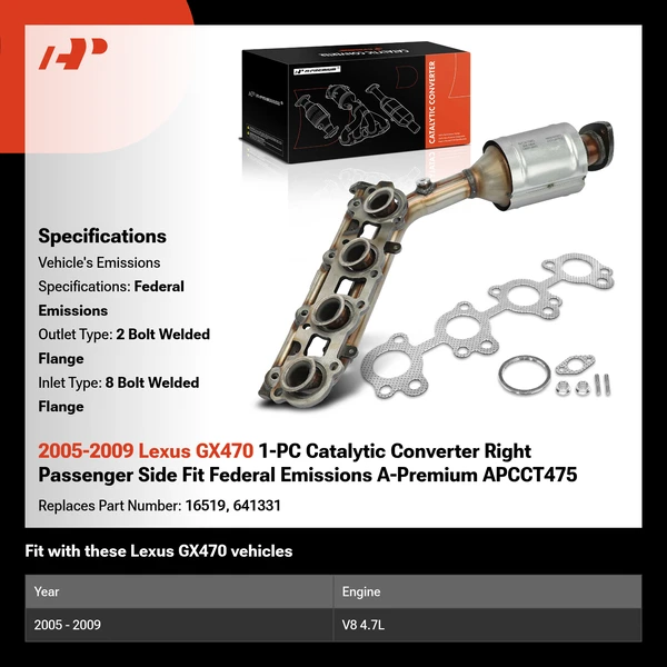 2005-2009 Lexus GX470 1-PC Catalytic Converter Right Passenger Side Fit Federal Emissions A-Premium APCCT475