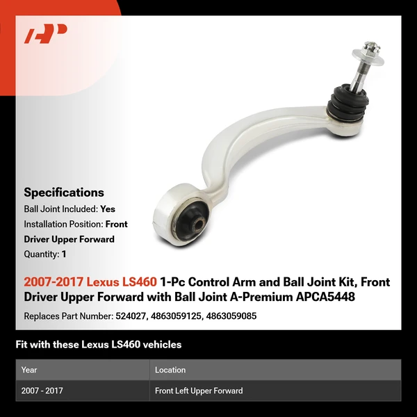 2007-2017 Lexus LS460 1-Pc Control Arm and Ball Joint Kit, Front Driver Upper Forward with Ball Joint A-Premium APCA5448