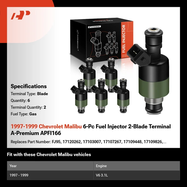 1997-1999 Chevrolet Malibu 6-Pc Fuel Injector 2-Blade Terminal A-Premium APFI166