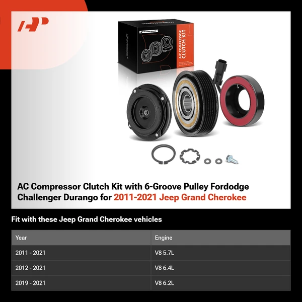 AC Compressor Clutch Kit with 6-Groove Pulley Fordodge Challenger Durango for 2011-2021 Jeep Grand Cherokee