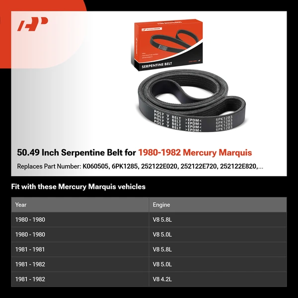 50.49 Inch Serpentine Belt for 1980-1982 Mercury Marquis
