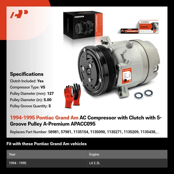 1994-1995 Pontiac Grand Am AC Compressor with Clutch with 5-Groove Pulley A-Premium APACC095