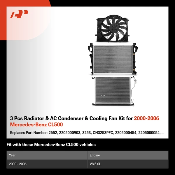 3 Pcs Radiator & AC Condenser & Cooling Fan Kit for 2000-2006 Mercedes-Benz CL500