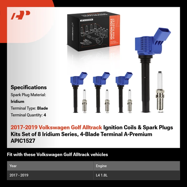 2017-2019 Volkswagen Golf Alltrack Ignition Coils & Spark Plugs Kits Set of 8 Iridium Series, 4-Blade Terminal A-Premium APIC1527