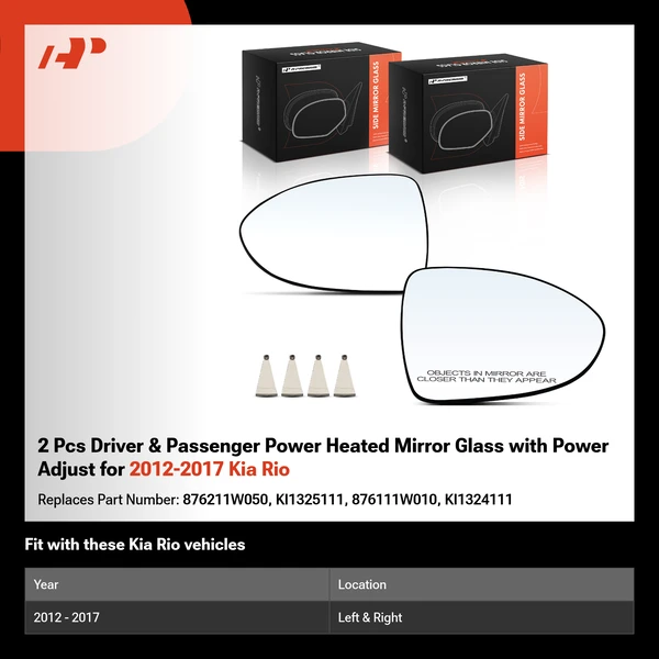 2 Pcs Driver & Passenger Power Heated Mirror Glass with Power Adjust for 2012-2017 Kia Rio