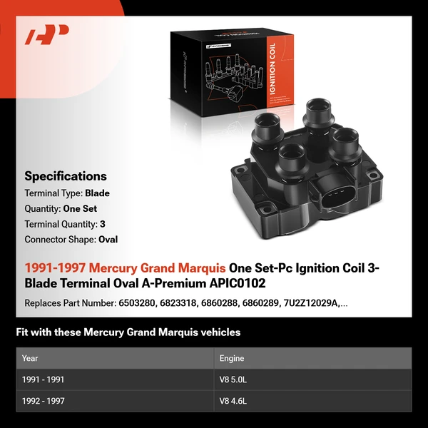 1991-1997 Mercury Grand Marquis One Set-Pc Ignition Coil 3-Blade Terminal Oval A-Premium APIC0102
