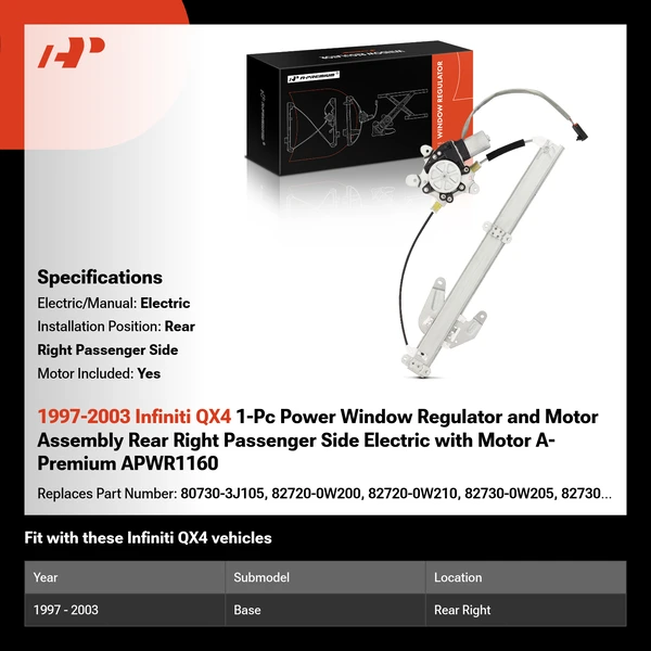 1997-2003 Infiniti QX4 1-Pc Power Window Regulator and Motor Assembly Rear Right Passenger Side Electric with Motor A-Premium APWR1160