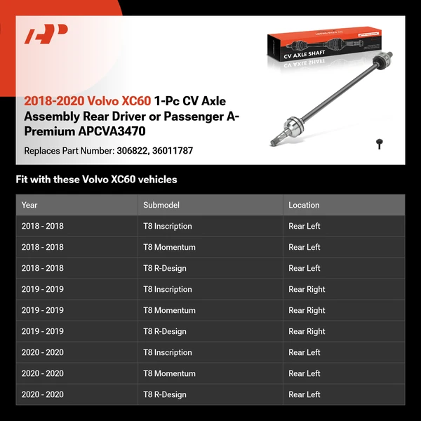 2018-2020 Volvo XC60 1-Pc CV Axle Assembly Rear Driver or Passenger A-Premium APCVA3470