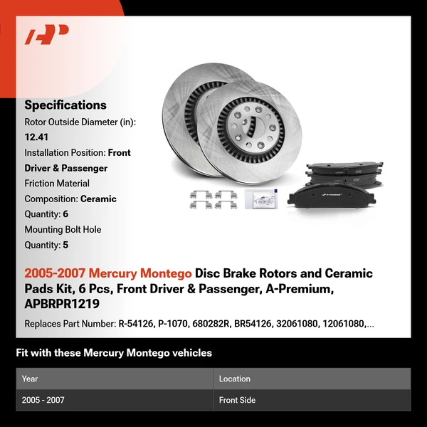 2005-2007 Mercury Montego Disc Brake Rotors and Ceramic Pads Kit, 6 Pcs, Front Driver & Passenger, A-Premium, APBRPR1219