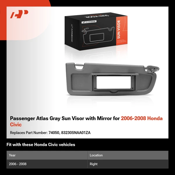 Passenger Atlas Gray Sun Visor with Mirror for 2006-2008 Honda Civic