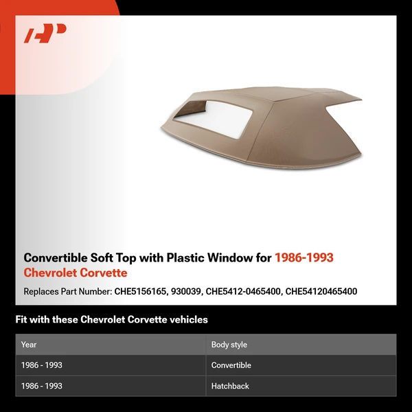 Convertible Soft Top with Plastic Window for 1986-1993 Chevrolet Corvette