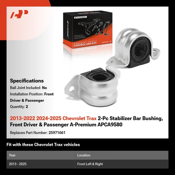 2013-2022 2024-2025 Chevrolet Trax 2-Pc Stabilizer Bar Bushing, Front Driver & Passenger A-Premium APCA9580