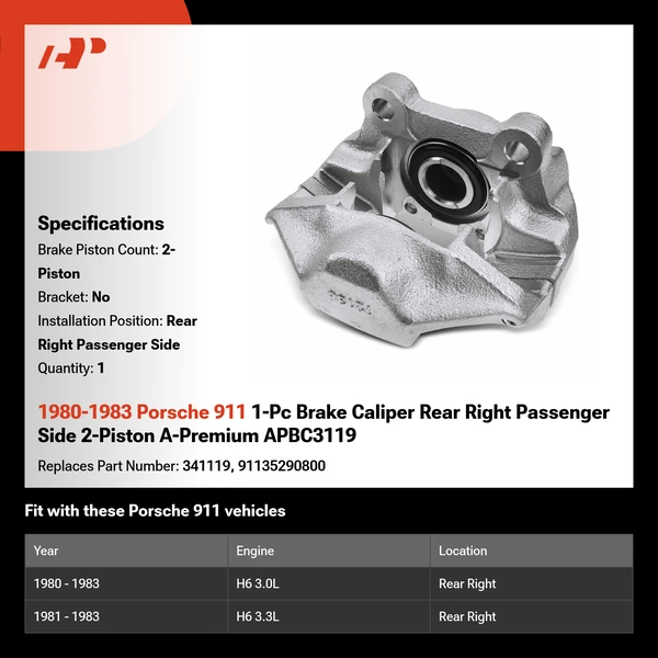 1980-1983 Porsche 911 1-Pc Brake Caliper Rear Right Passenger Side 2-Piston A-Premium APBC3119