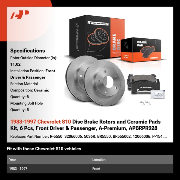 1983-1997 Chevrolet S10 Disc Brake Rotors and Ceramic Pads Kit, 6 Pcs, Front Driver & Passenger, A-Premium, APBRPR928
