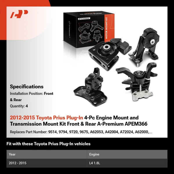 2012-2015 Toyota Prius Plug-In 4-Pc Engine Mount and Transmission Mount Kit Front & Rear A-Premium APEM366