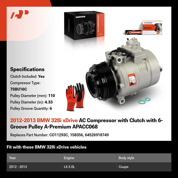 2012-2013 BMW 328i xDrive AC Compressor with Clutch with 6-Groove Pulley A-Premium APACC068