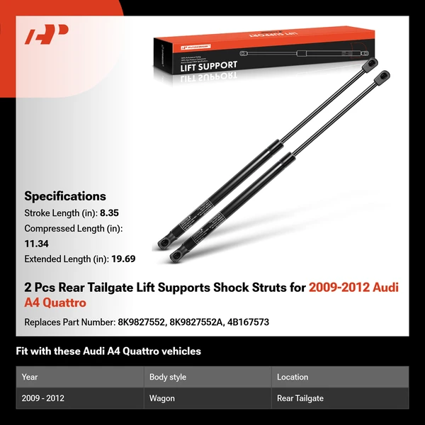 2 Pcs Rear Tailgate Lift Supports Shock Struts for 2009-2012 Audi A4 Quattro
