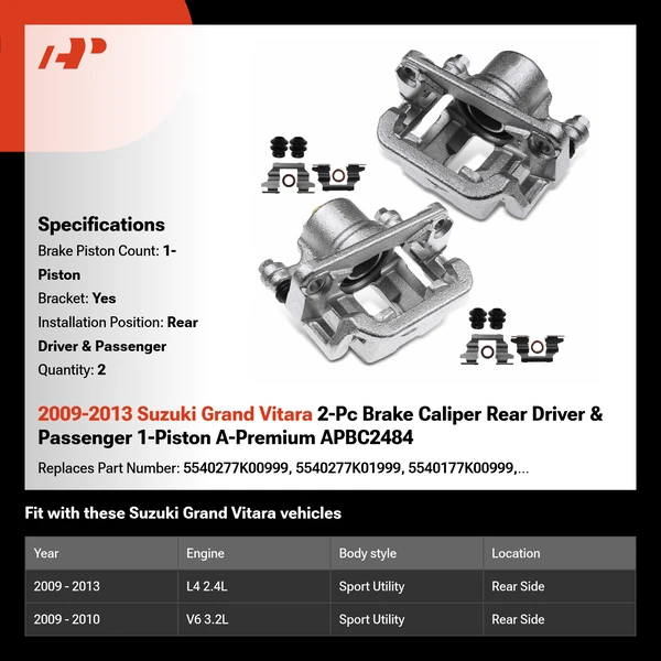 2009-2013 Suzuki Grand Vitara 2-Pc Brake Caliper Rear Driver & Passenger 1-Piston A-Premium APBC2484
