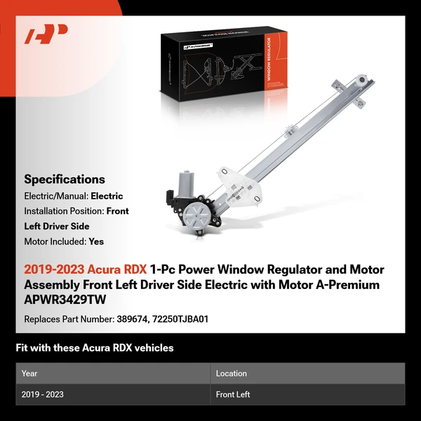 2019-2023 Acura RDX 1-Pc Power Window Regulator and Motor Assembly Front Left Driver Side Electric with Motor A-Premium APWR3429TW