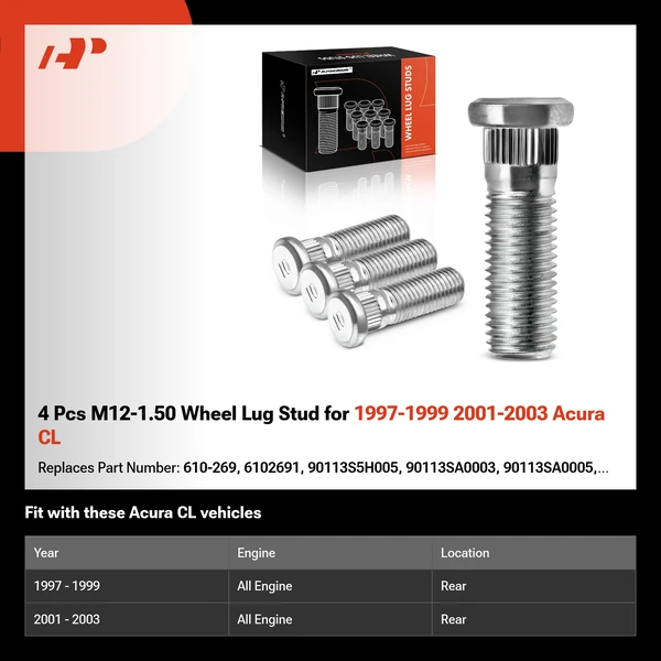 4 Pcs M12-1.50 Wheel Lug Stud for 1997-1999 2001-2003 Acura CL