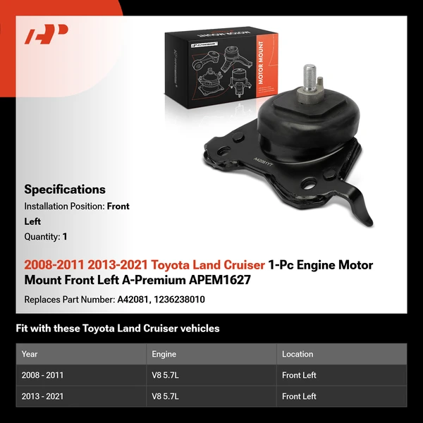 2008-2011 2013-2021 Toyota Land Cruiser 1-Pc Engine Motor Mount Front Left A-Premium APEM1627