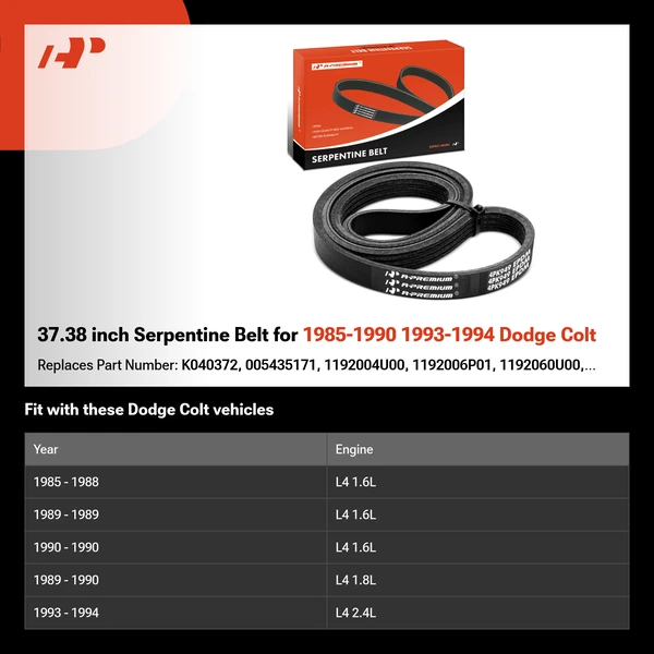 37.38 inch Serpentine Belt for 1985-1990 1993-1994 Dodge Colt