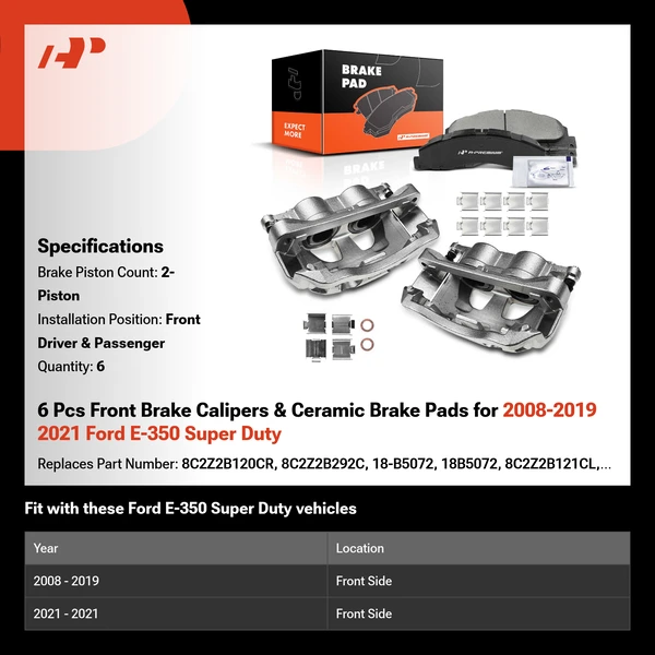 6 Pcs Front Brake Calipers & Ceramic Brake Pads for 2008-2019 2021 Ford E-350 Super Duty