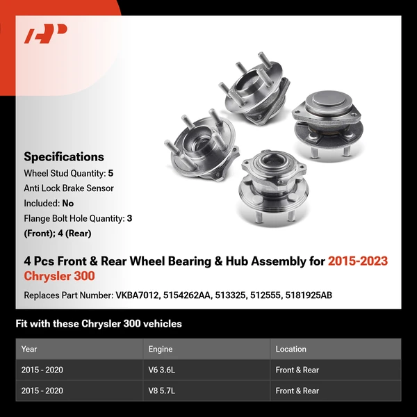 4 Pcs Front & Rear Wheel Bearing & Hub Assembly for 2015-2023 Chrysler 300