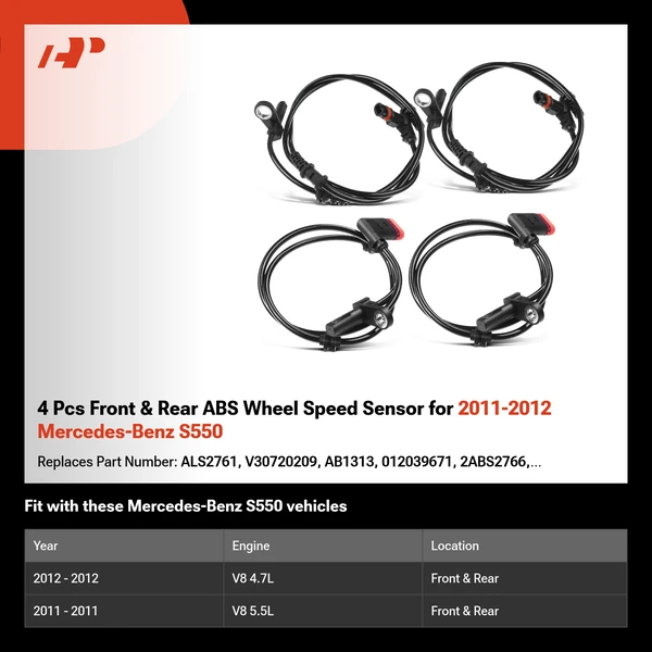 4 Pcs Front & Rear ABS Wheel Speed Sensor for 2011-2012 Mercedes-Benz S550