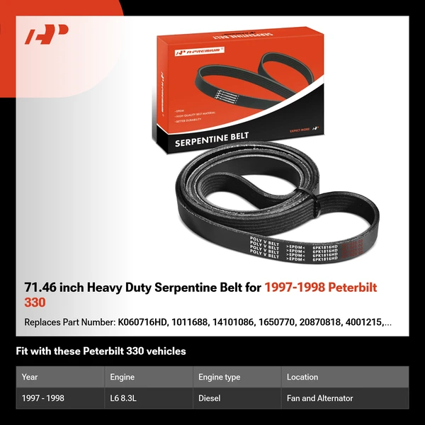 71.46 inch Heavy Duty Serpentine Belt for 1997-1998 Peterbilt 330