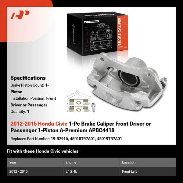 2012-2015 Honda Civic 1-Pc Brake Caliper Front Driver or Passenger 1-Piston A-Premium APBC4418