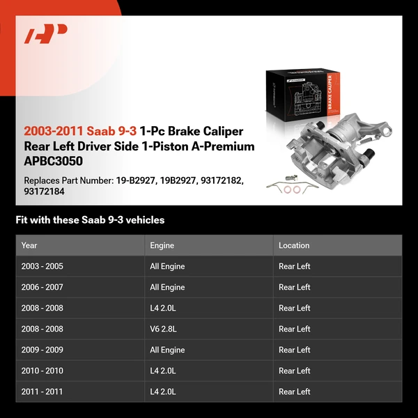 2003-2011 Saab 9-3 1-Pc Brake Caliper Rear Left Driver Side 1-Piston A-Premium APBC3050