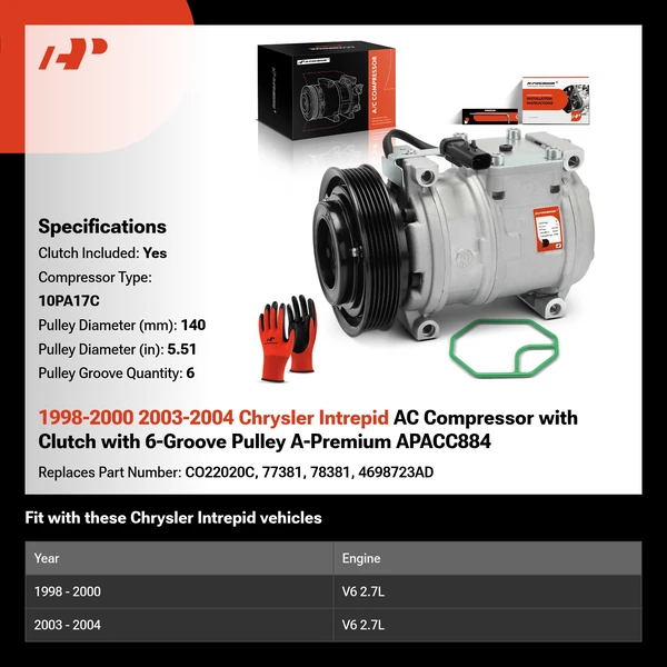 1998-2000 2003-2004 Chrysler Intrepid AC Compressor with Clutch with 6-Groove Pulley A-Premium APACC884