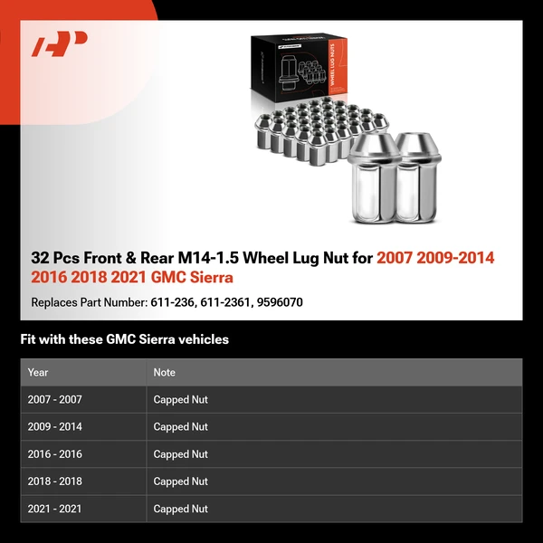 32 Pcs Front & Rear M14-1.5 Wheel Lug Nut for 2007 2009-2014 2016 2018 2021 GMC Sierra