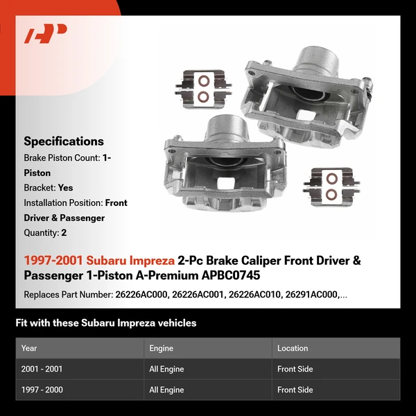 1997-2001 Subaru Impreza 2-Pc Brake Caliper Front Driver & Passenger 1-Piston A-Premium APBC0745