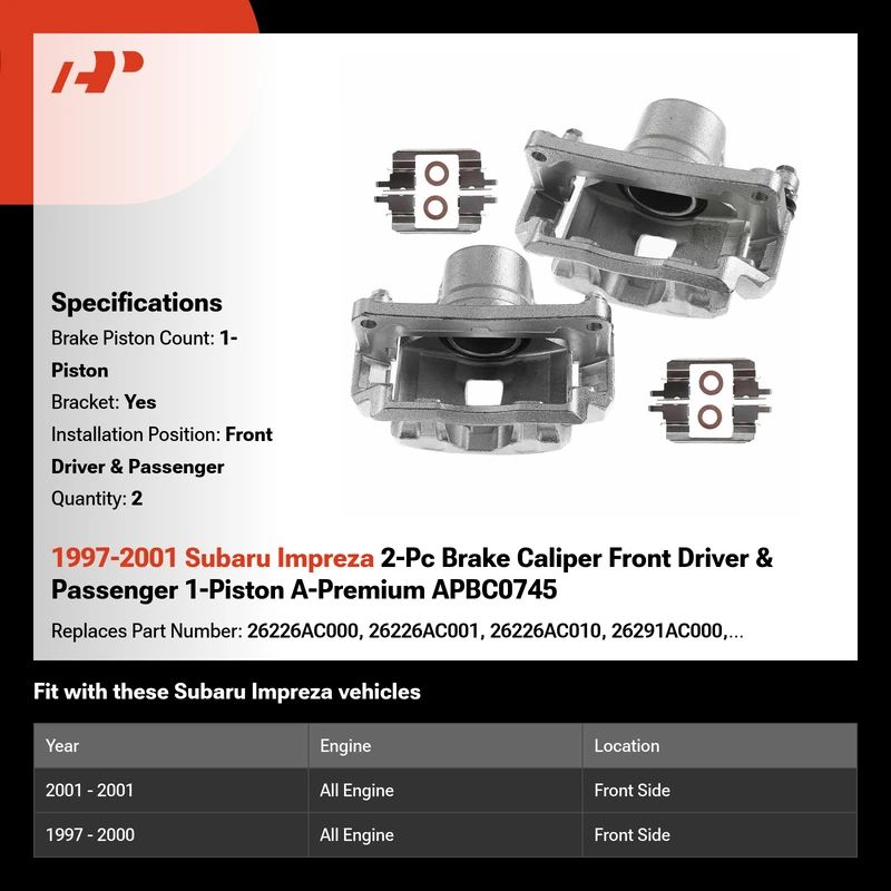 1997-2001 Subaru Impreza 2-Pc Brake Caliper Front Driver & Passenger 1-Piston A-Premium APBC0745