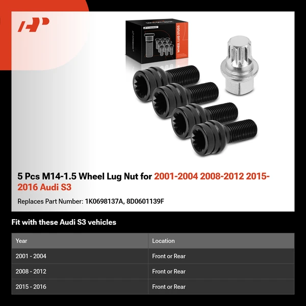 5 Pcs M14-1.5 Wheel Lug Nut for 2001-2004 2008-2012 2015-2016 Audi S3