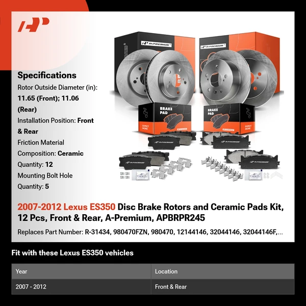 2007-2012 Lexus ES350 Disc Brake Rotors and Ceramic Pads Kit, 12 Pcs, Front & Rear, A-Premium, APBRPR245