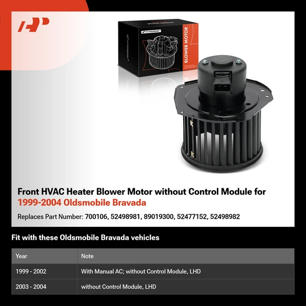 Front HVAC Heater Blower Motor without Control Module for 1999-2004 Oldsmobile Bravada