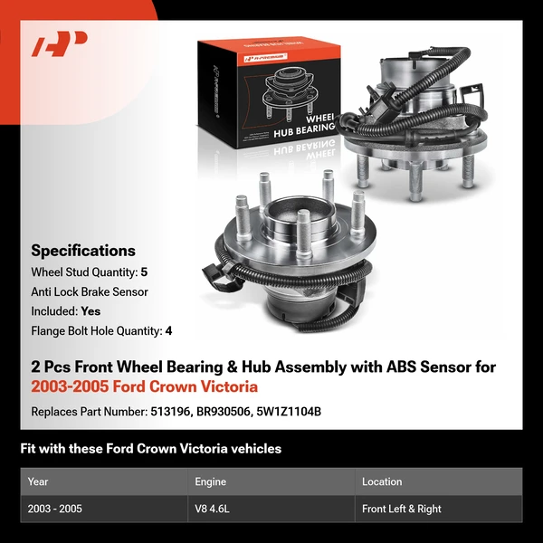 2 Pcs Front Wheel Bearing & Hub Assembly with ABS Sensor for 2003-2005 Ford Crown Victoria