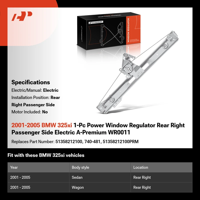 2001-2005 BMW 325xi 1-Pc Power Window Regulator Rear Right Passenger Side Electric A-Premium WR0011