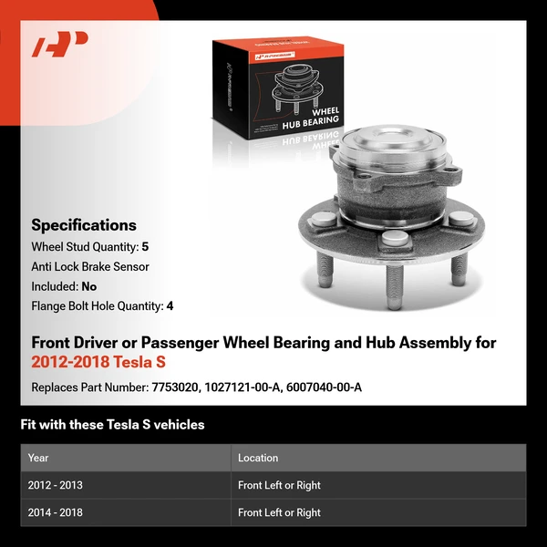 Front Driver or Passenger Wheel Bearing and Hub Assembly for 2012-2018 Tesla S