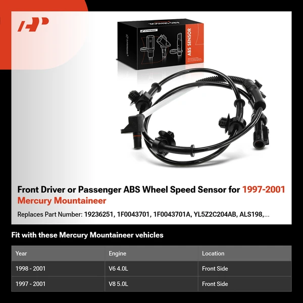 Front Driver or Passenger ABS Wheel Speed Sensor for 1997-2001 Mercury Mountaineer