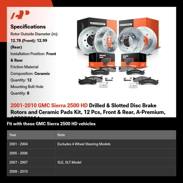 2001-2010 GMC Sierra 2500 HD Drilled & Slotted Disc Brake Rotors and Ceramic Pads Kit, 12 Pcs, Front & Rear, A-Premium, APBRPS134