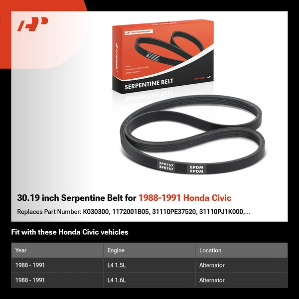 30.19 inch Serpentine Belt for 1988-1991 Honda Civic