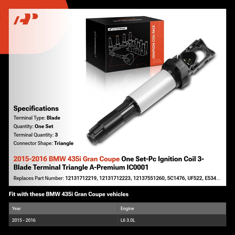 2015-2016 BMW 435i Gran Coupe One Set-Pc Ignition Coil 3-Blade Terminal Triangle A-Premium IC0001